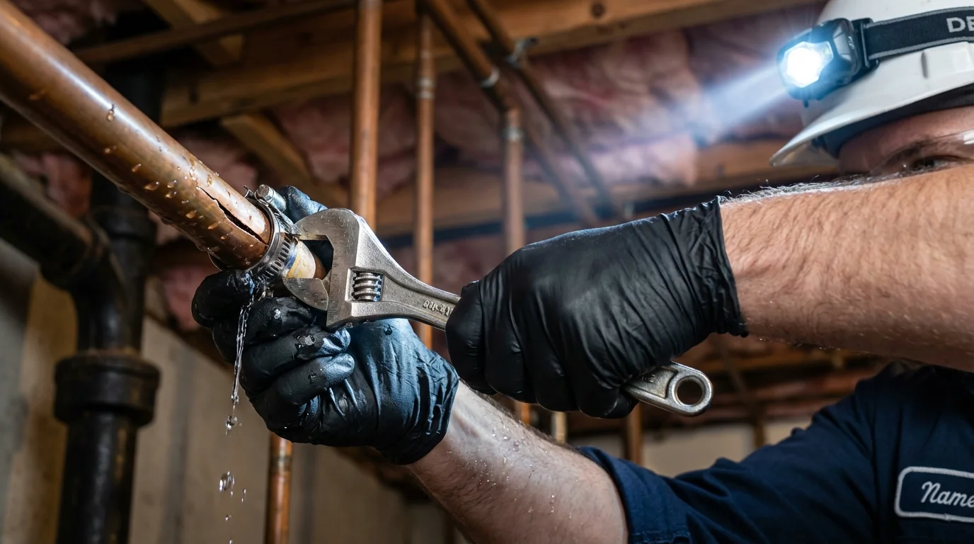Emergency pipe clamp repair being performed by a Johns Plumbing LLC plumber in Hendersonville