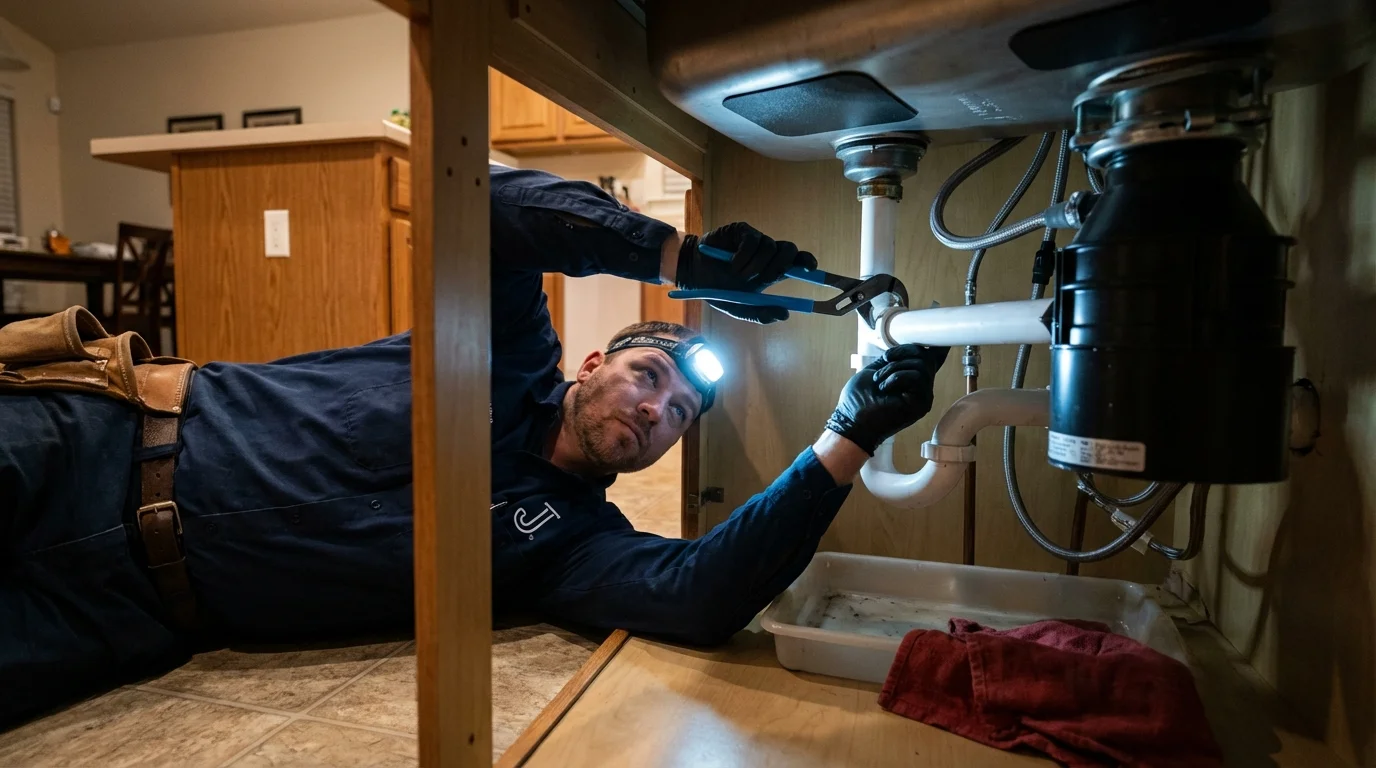 P-trap and supply line connections under a kitchen sink showing a common leak point in Hendersonville, TN